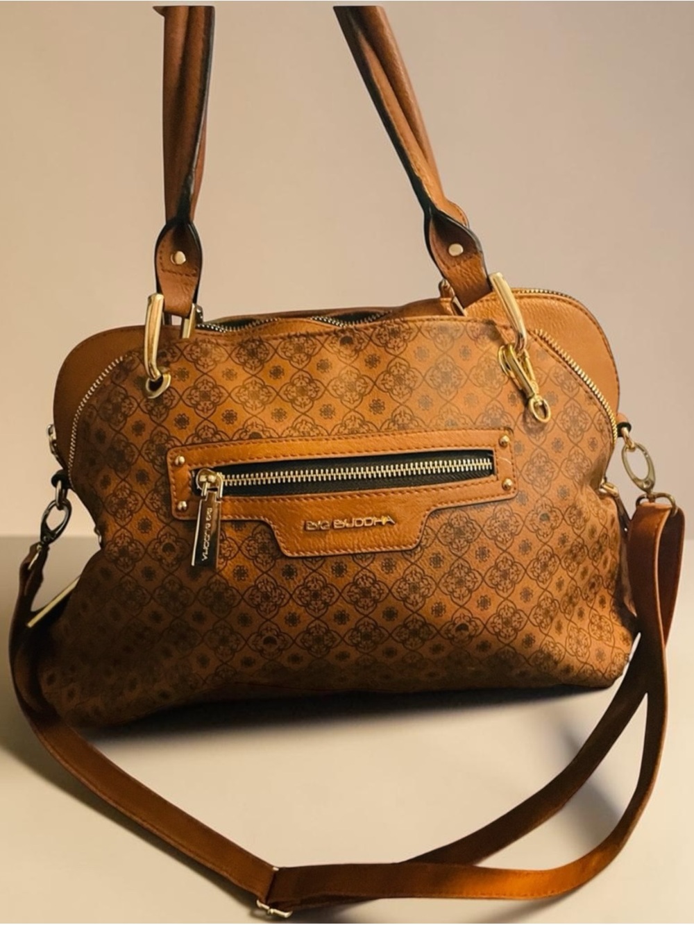 Big Buddha Tan/Brown Monogram Dome Satchel Crossbody with Gold Hardware